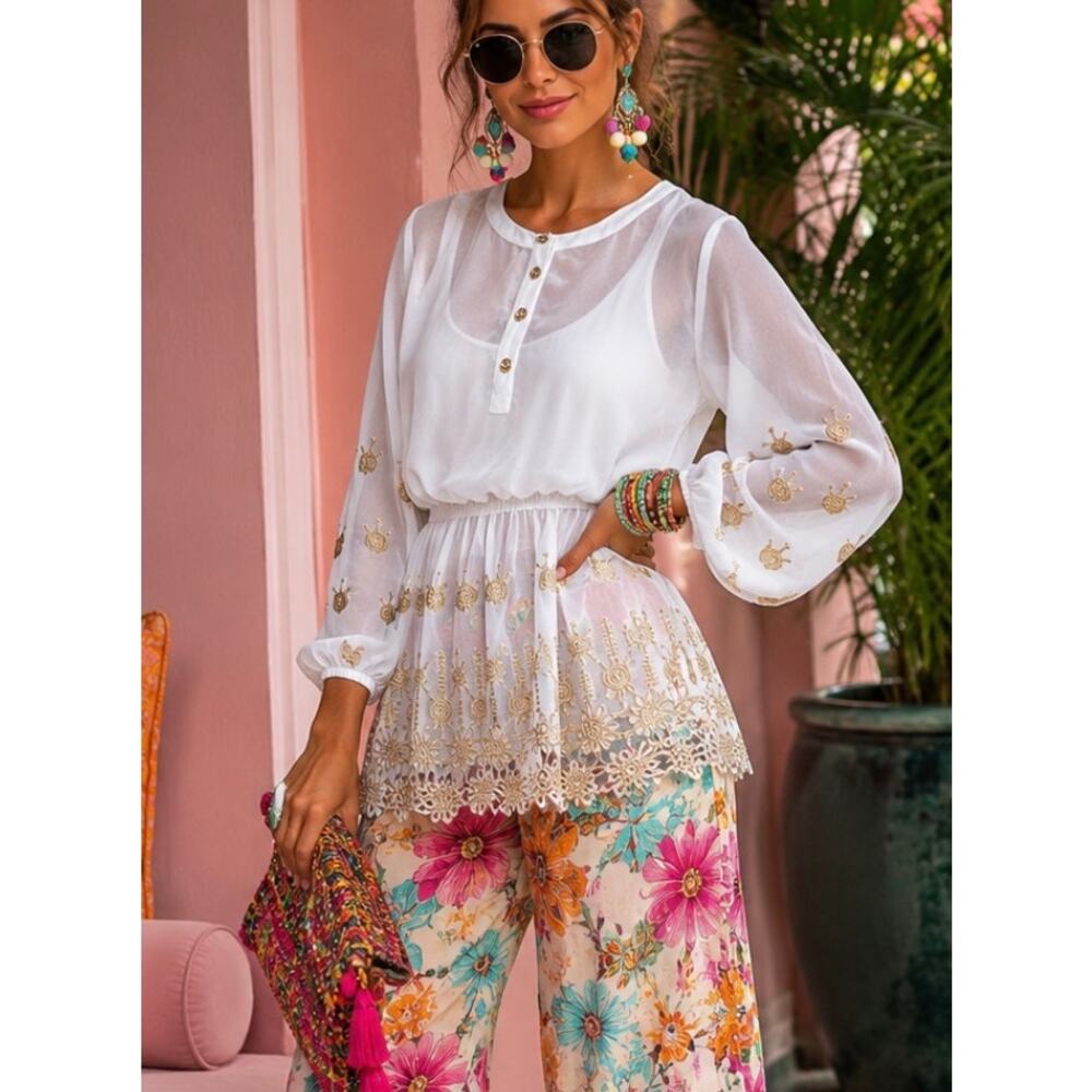 Ces femme sheer white blouse top embroidered gold floral peplum boho coquette S
